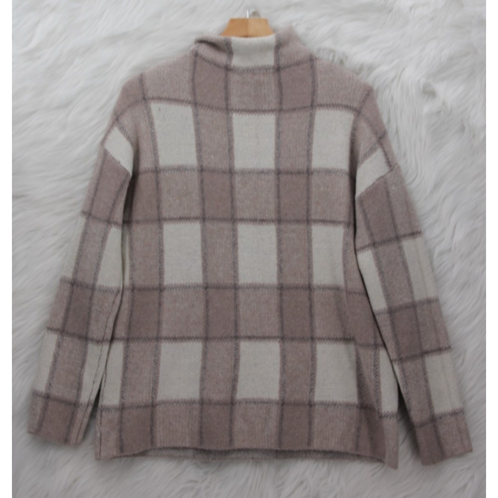 Christian Siriano L Beige Plaid Mock Neck Sweater Windowpane Soft Knit Top #746 - Picture 2 of 13